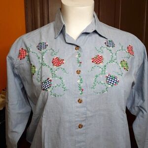 Vintage Mystic Blue Button Down Long Sleeve Embroidered Shirt size 18W